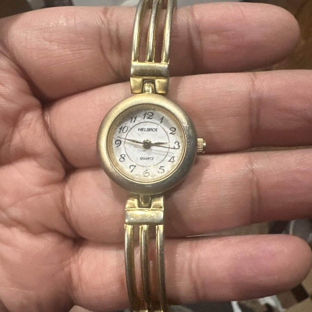 Working Helbros 22mm Women Watch Gold Steel Bracelet White Quartz Fit‎ 7in